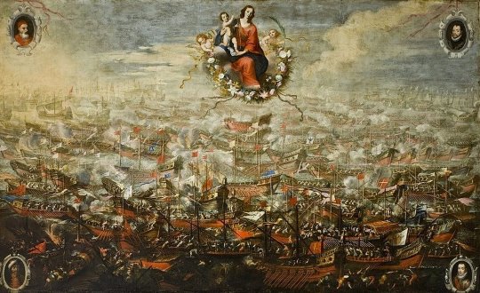 De slag bij Lepanto, werk van Juan de Toledo y Mateo Gilarte.