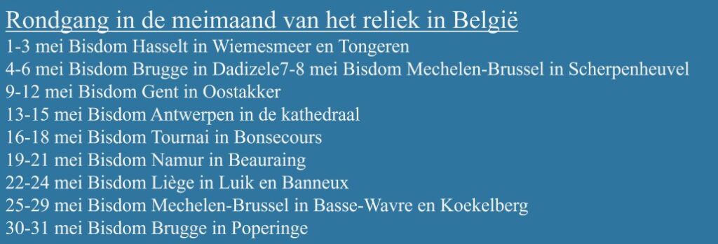 Data van de rondgang van de reliek van de H. Bernadette in mei 2025 doorheen België.