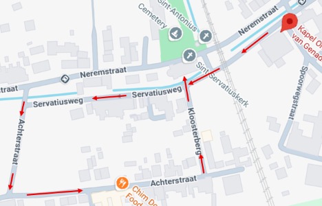 Traject van de palmprocessie in Nerem op Palmzondag.