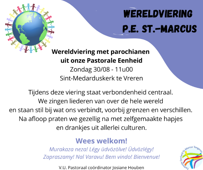 Wereldviering in de pastorale eenheid Sint-Marcus Tongeren op zondag 30 augustus 2026.